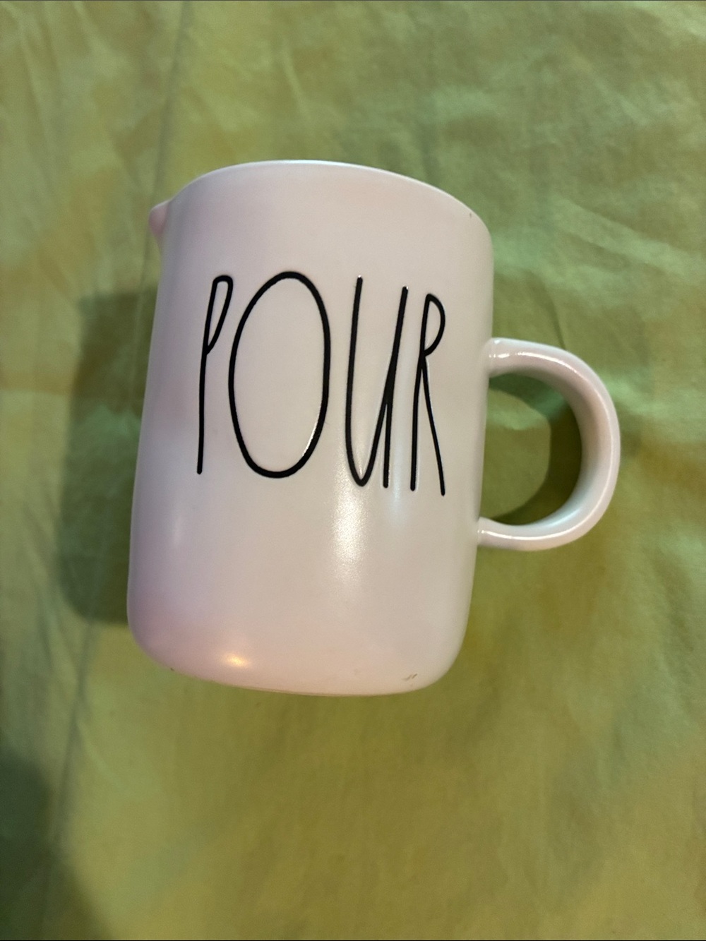 Rae Dunn White Ceramic Pour Pitcher Mug with Black Lettering